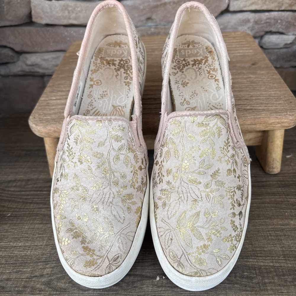 Keds x Rifle Paper Co Size 9 Pink Blush Gold Floral Triple Decker Slip On Shoes